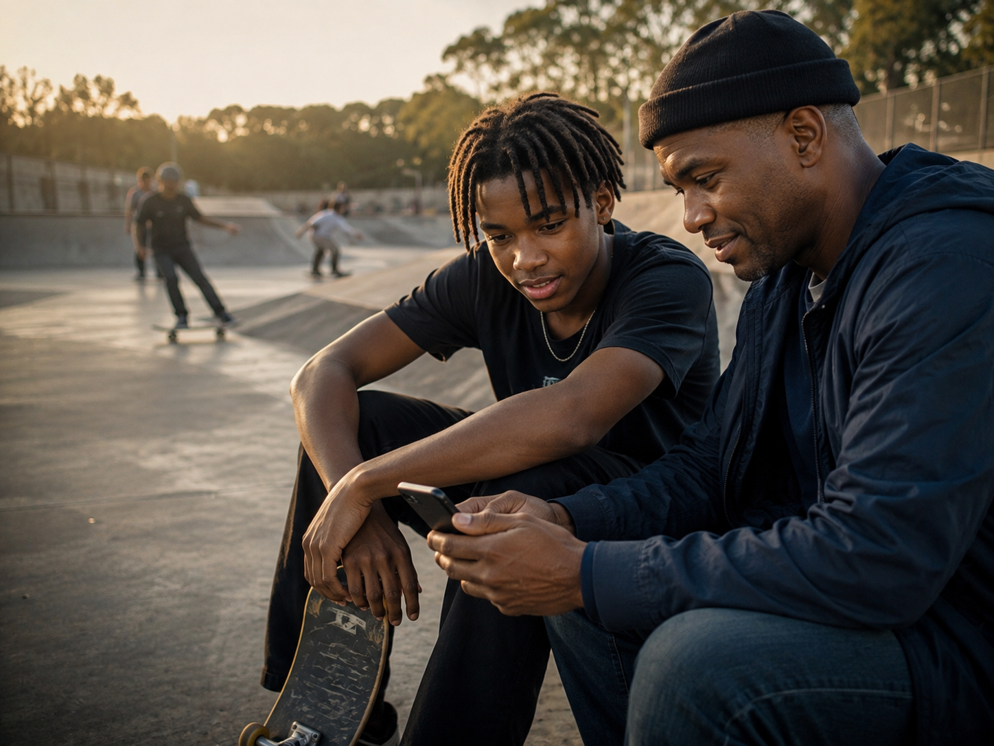 Skateboarder and mentor reviewing an athlete profile at a community skatepark