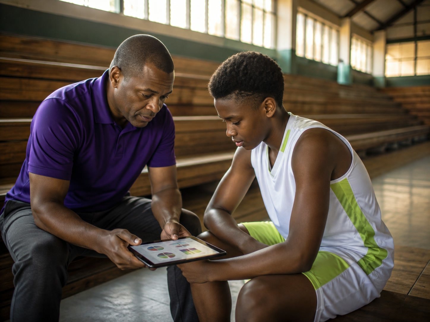 Coach reviewing stats with an athlete on a tablet
