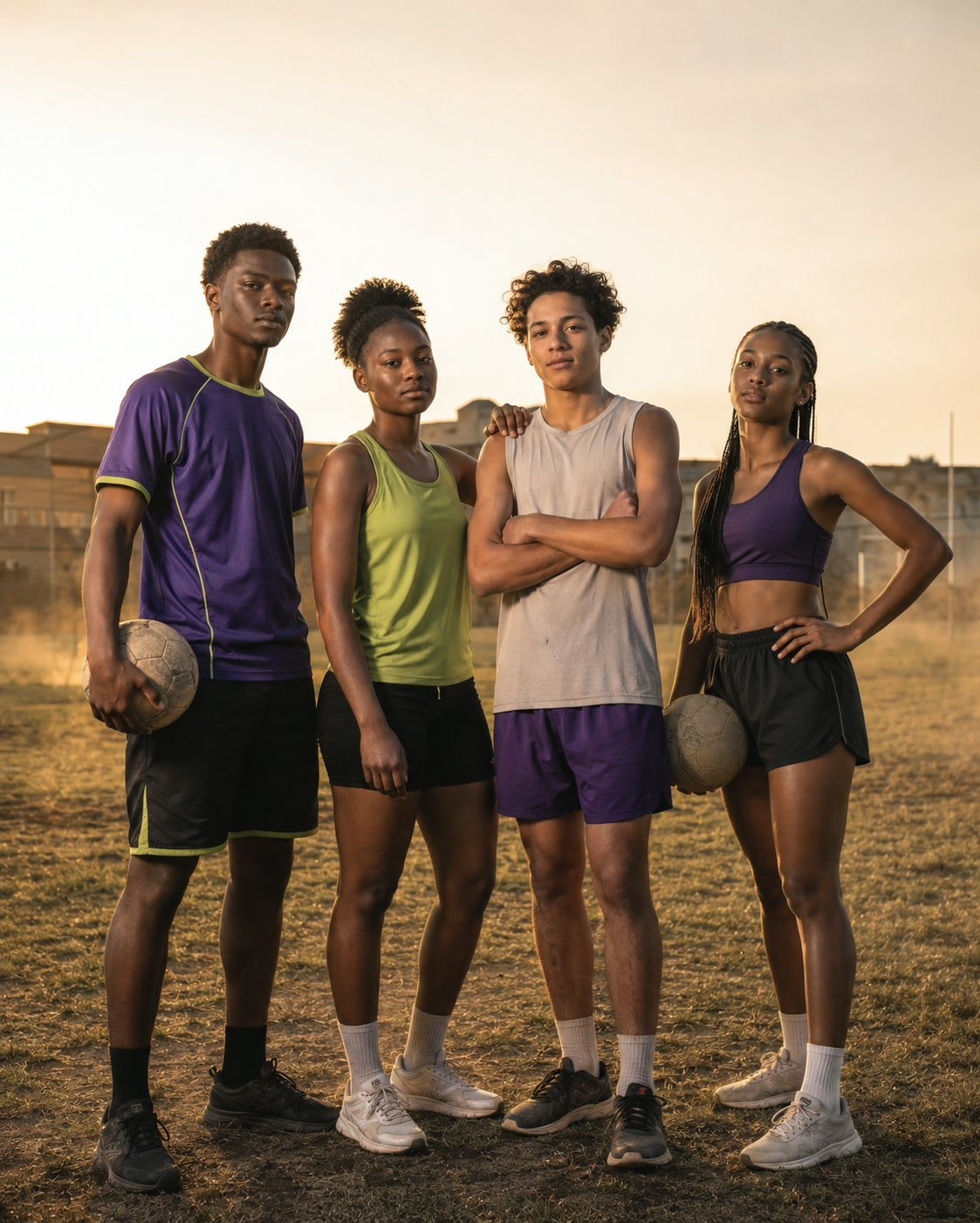 Diverse South African youth athletes from multiple sports at golden hour