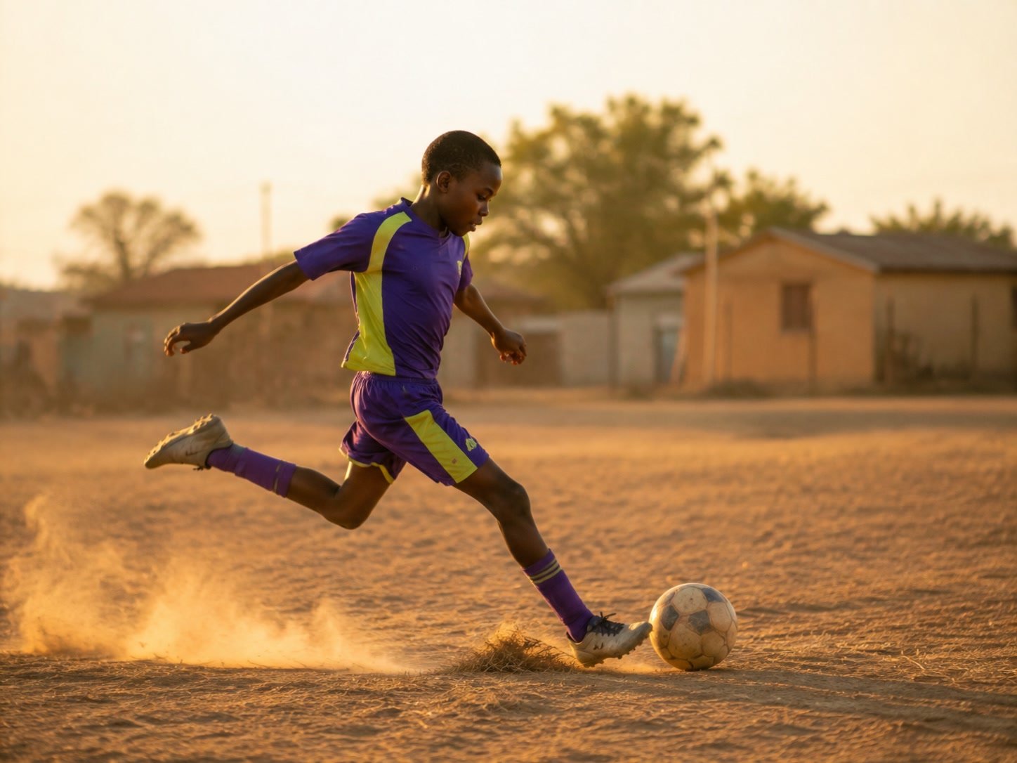 Soccer striker mid-strike on a township pitch