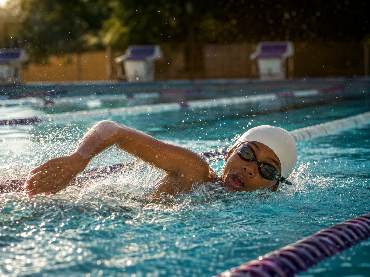 Youth swimmer mid-freestyle stroke